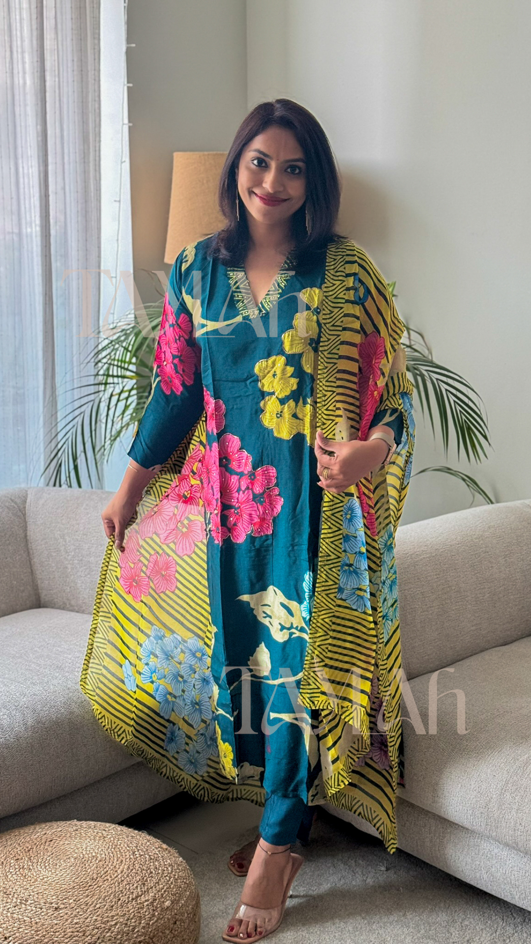 Teal Blue Suit Set With Yellow Dupatta