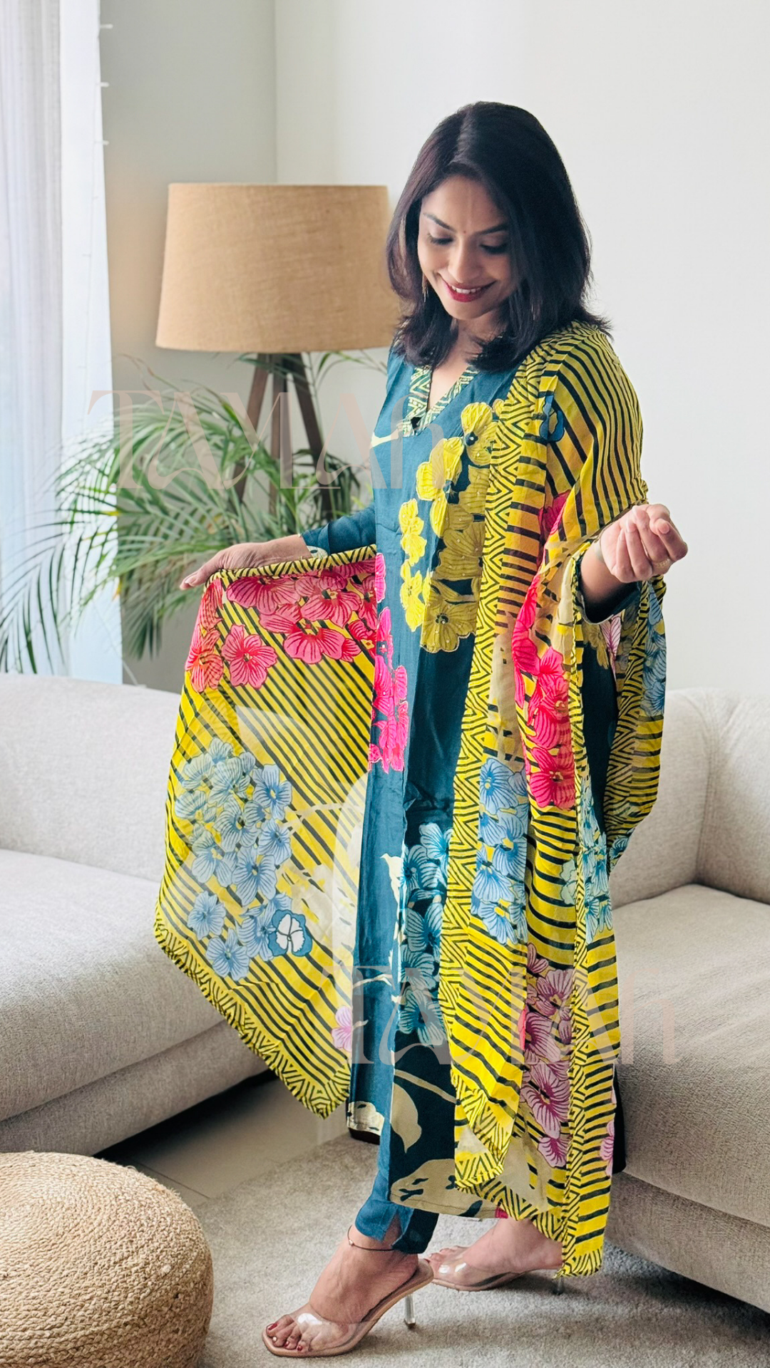 Teal Blue Suit Set With Yellow Dupatta