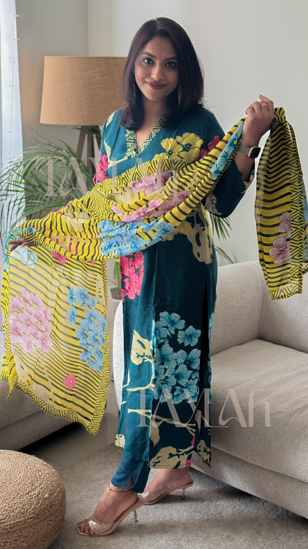 Teal Blue Suit Set With Yellow Dupatta
