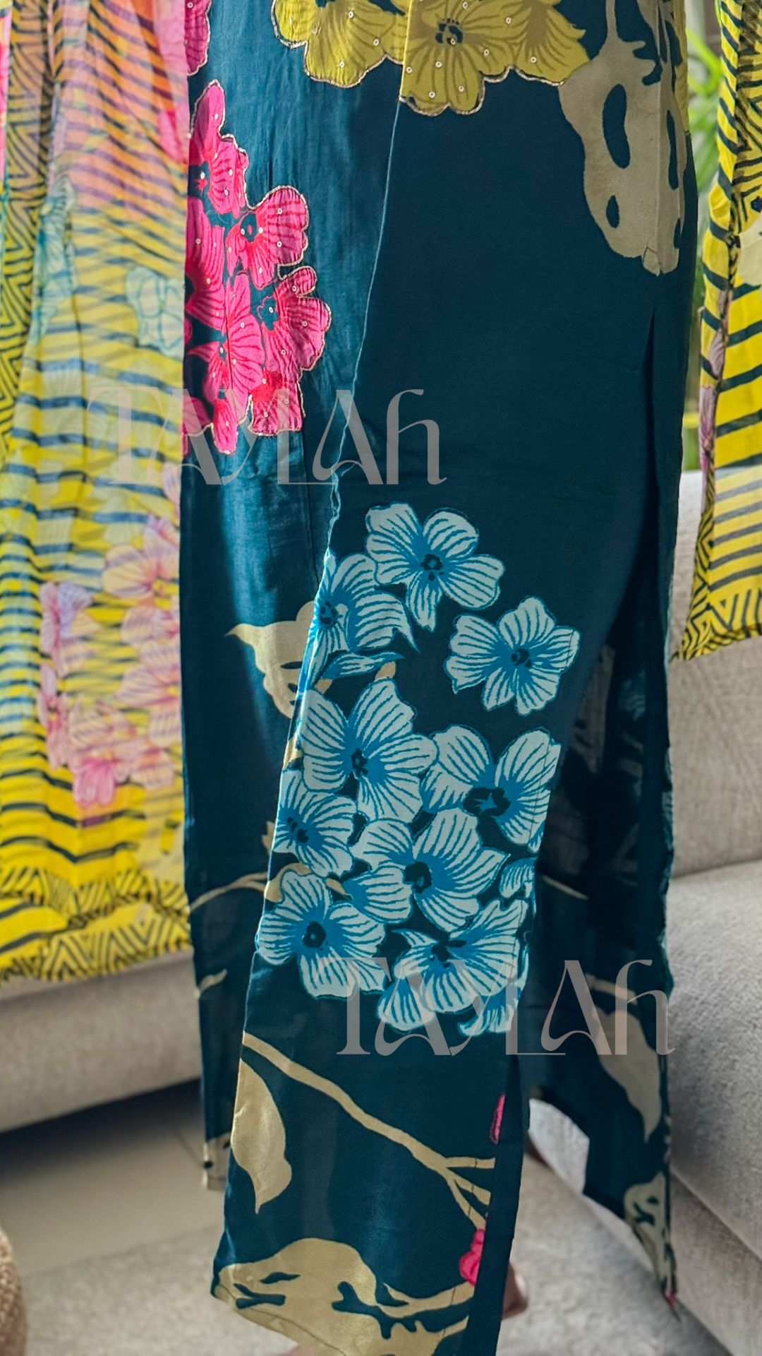Teal Blue Suit Set With Yellow Dupatta