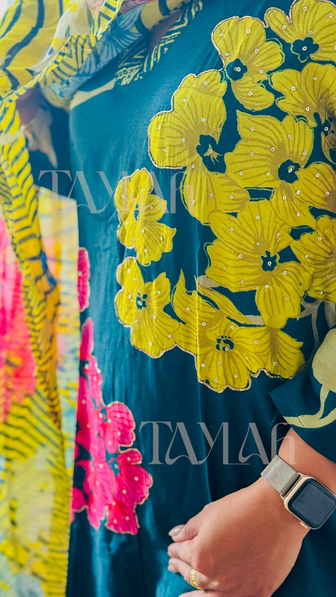 Teal Blue Suit Set With Yellow Dupatta