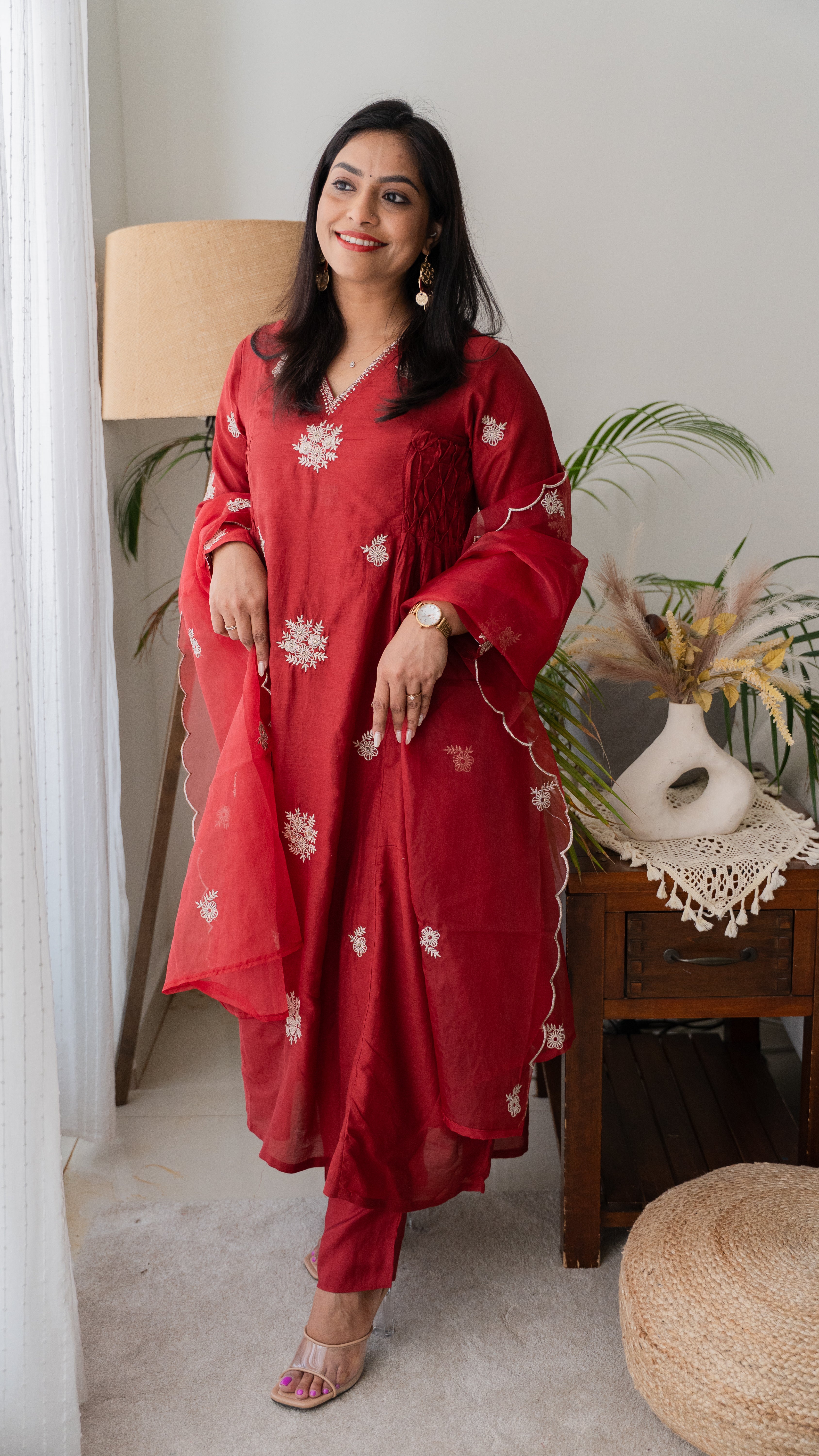 Red - Mul Chanderi suit set