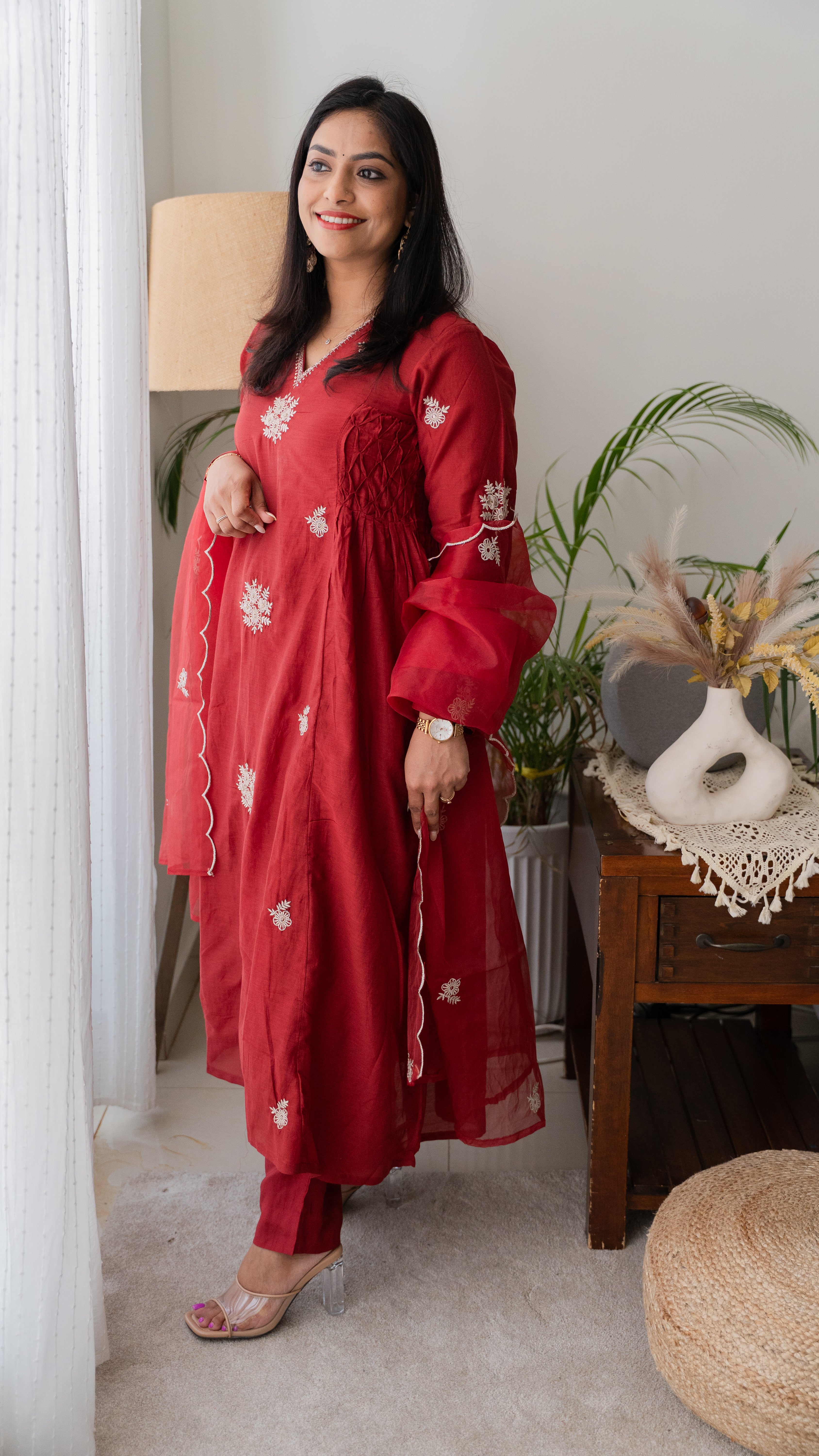 Red - Mul Chanderi suit set
