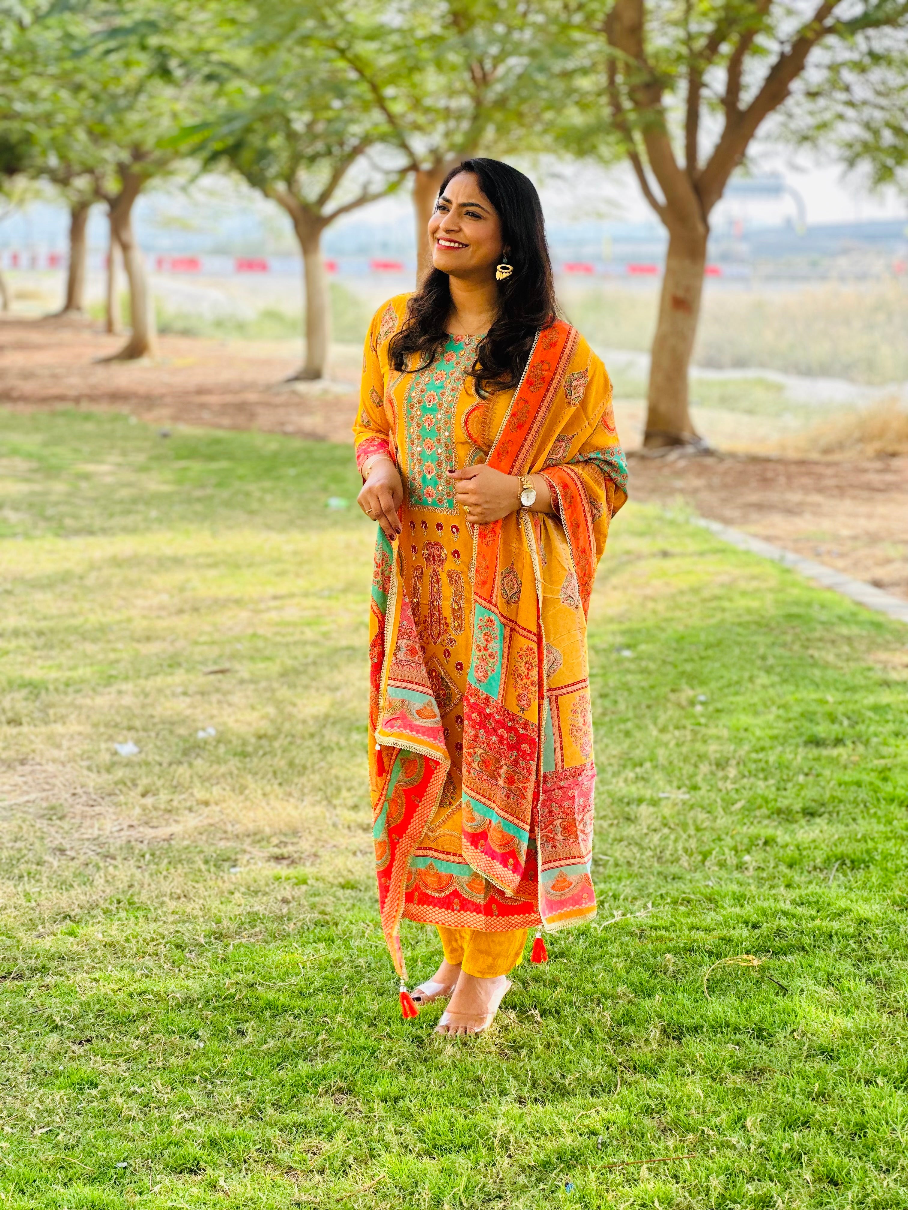 Mustard - Aari work Crepe silk Suit Set