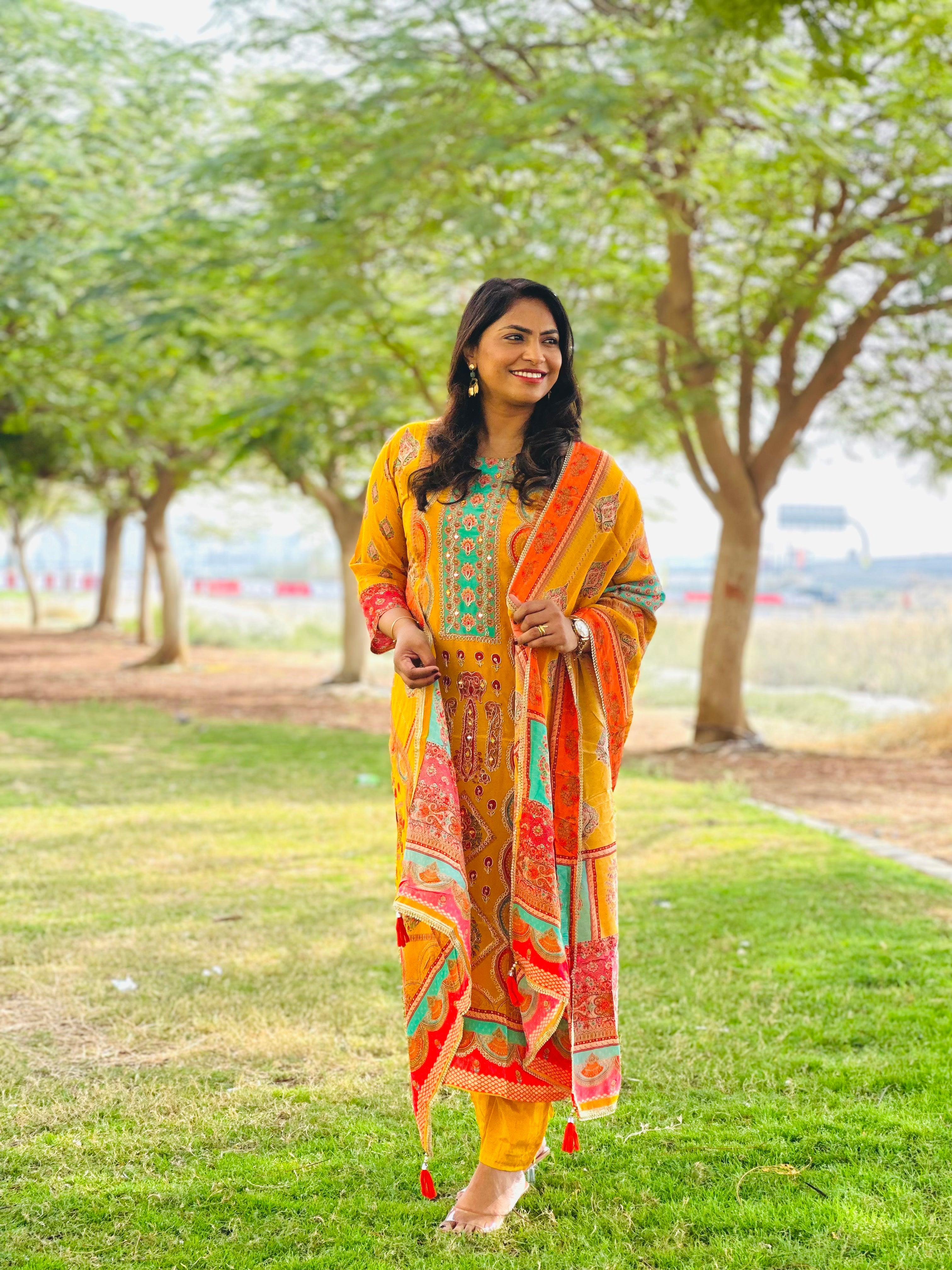 Mustard - Aari work Crepe silk Suit Set