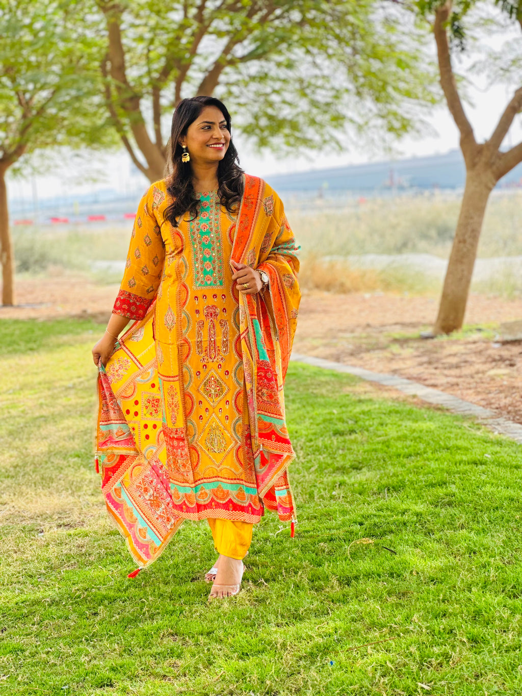 Mustard - Aari work Crepe silk Suit Set