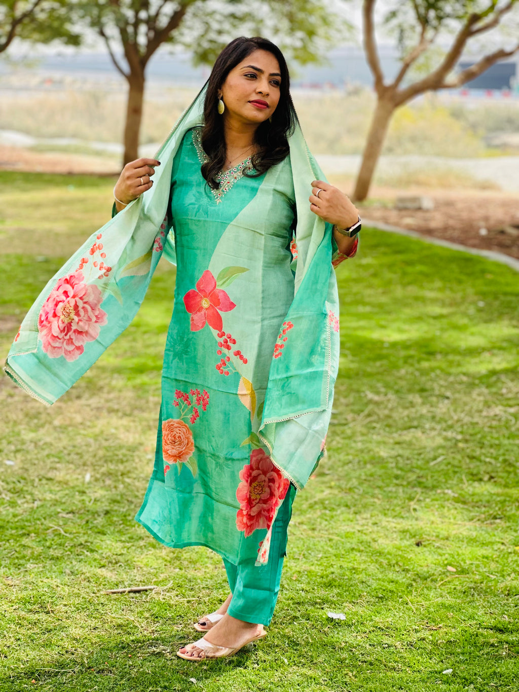 Cyan- Tissue Silk Suit set