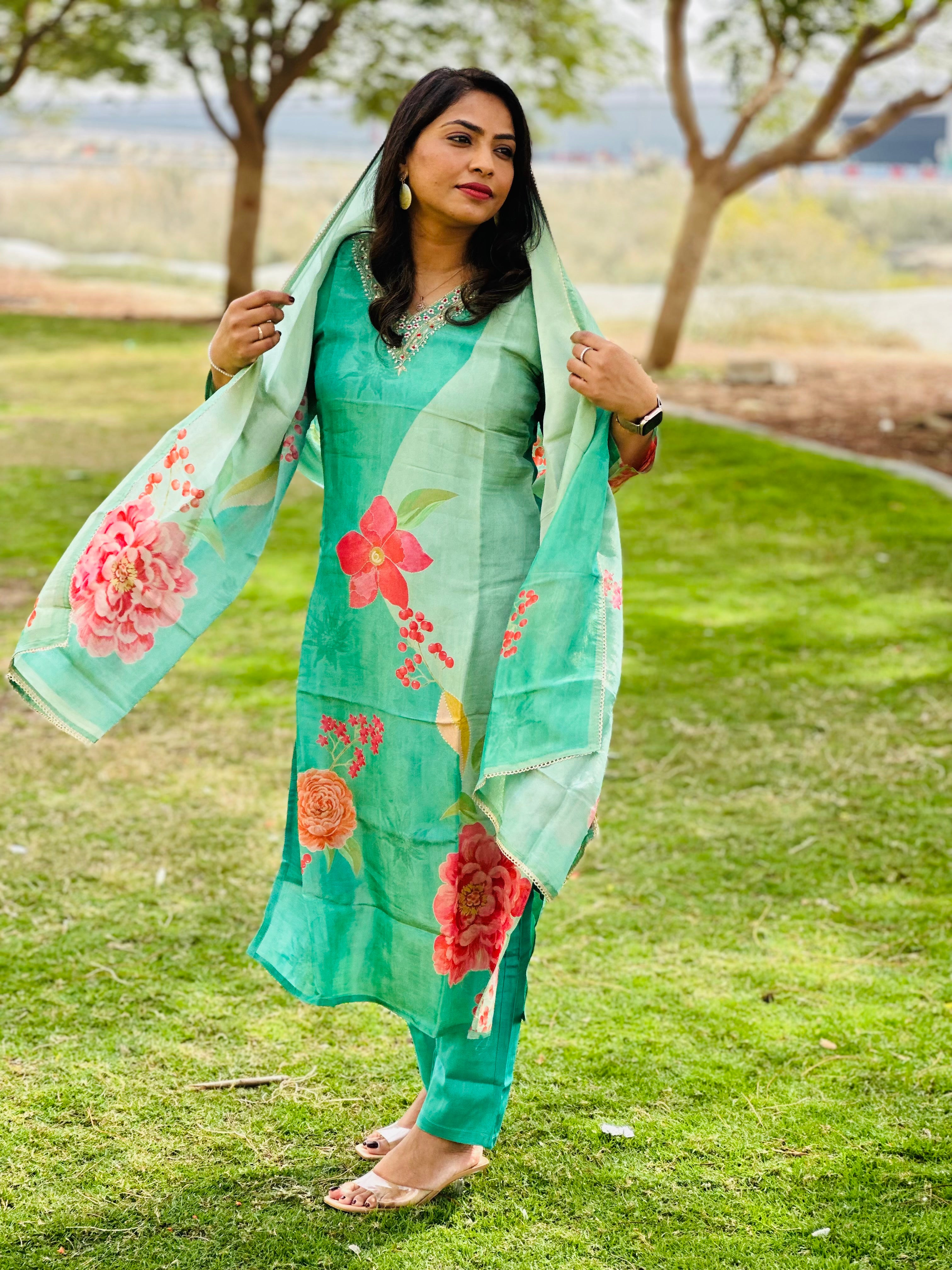 Cyan- Tissue Silk Suit set