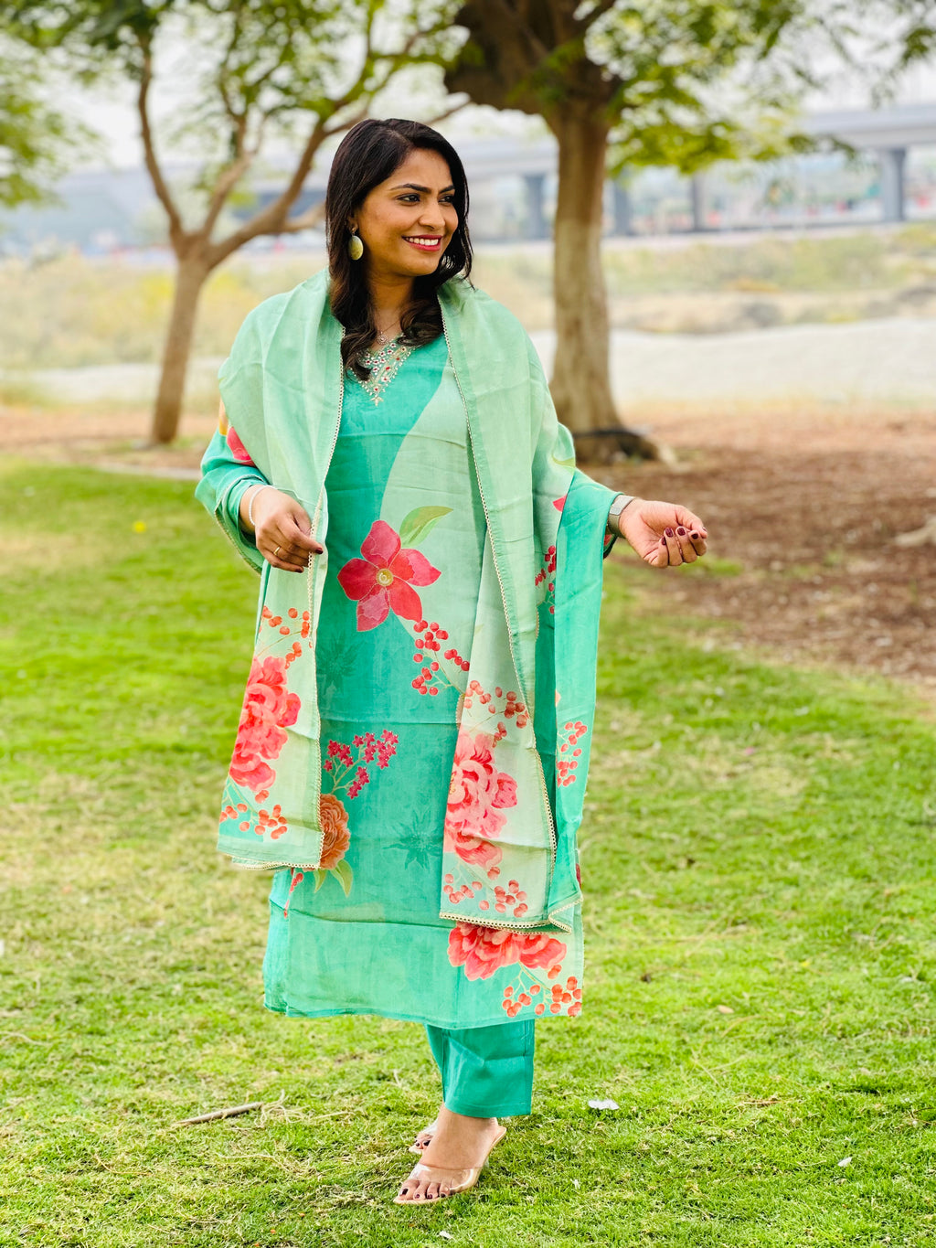 Cyan- Tissue Silk Suit set