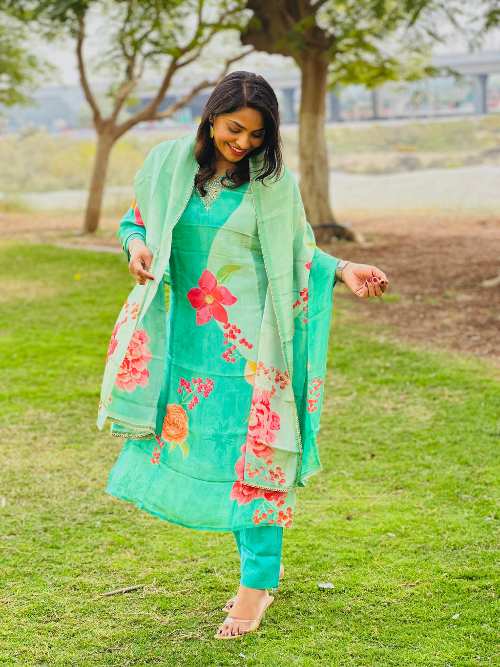 Cyan- Tissue Silk Suit set