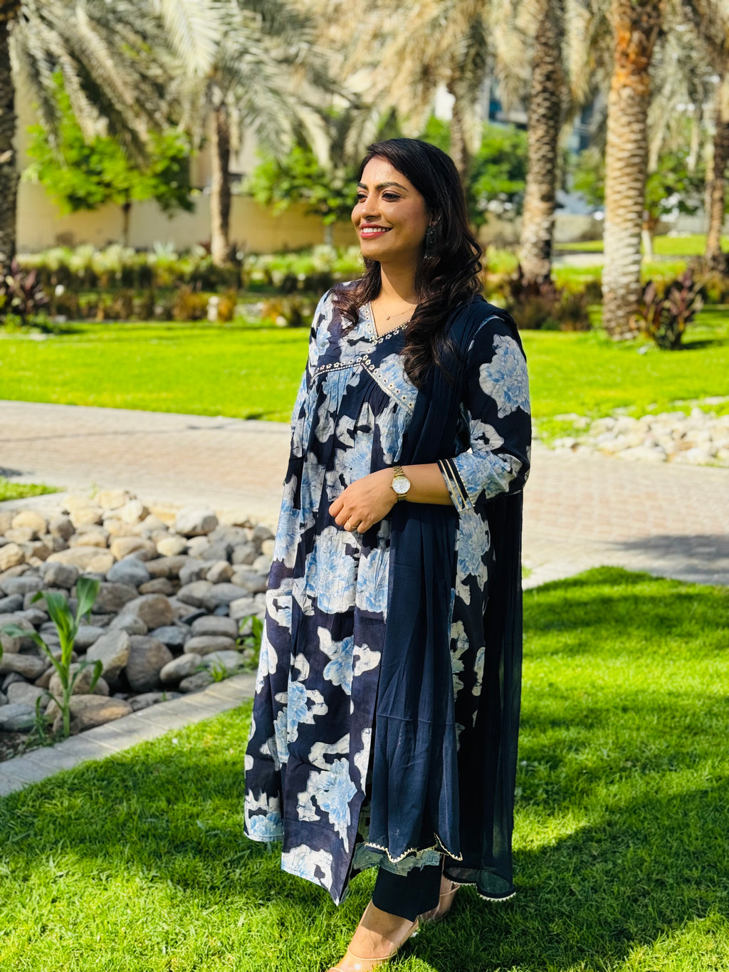 Navy blue Floral Muslin Suit set