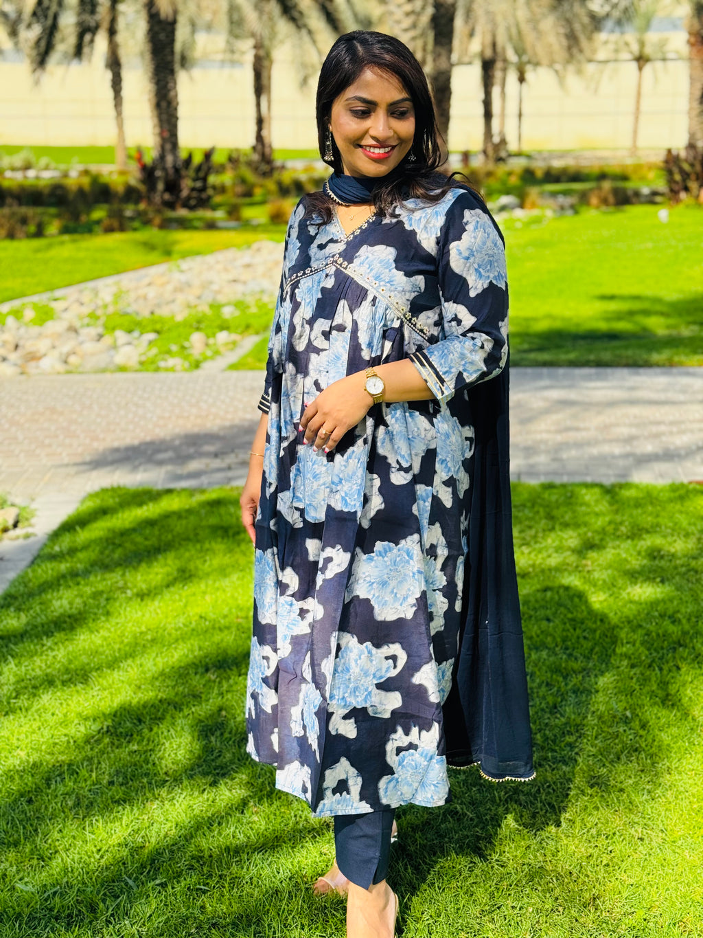 Navy blue Floral Muslin Suit set