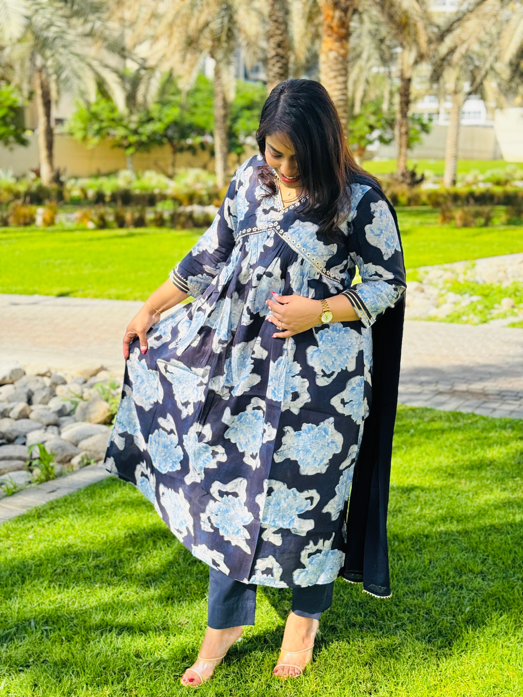 Navy blue Floral Muslin Suit set